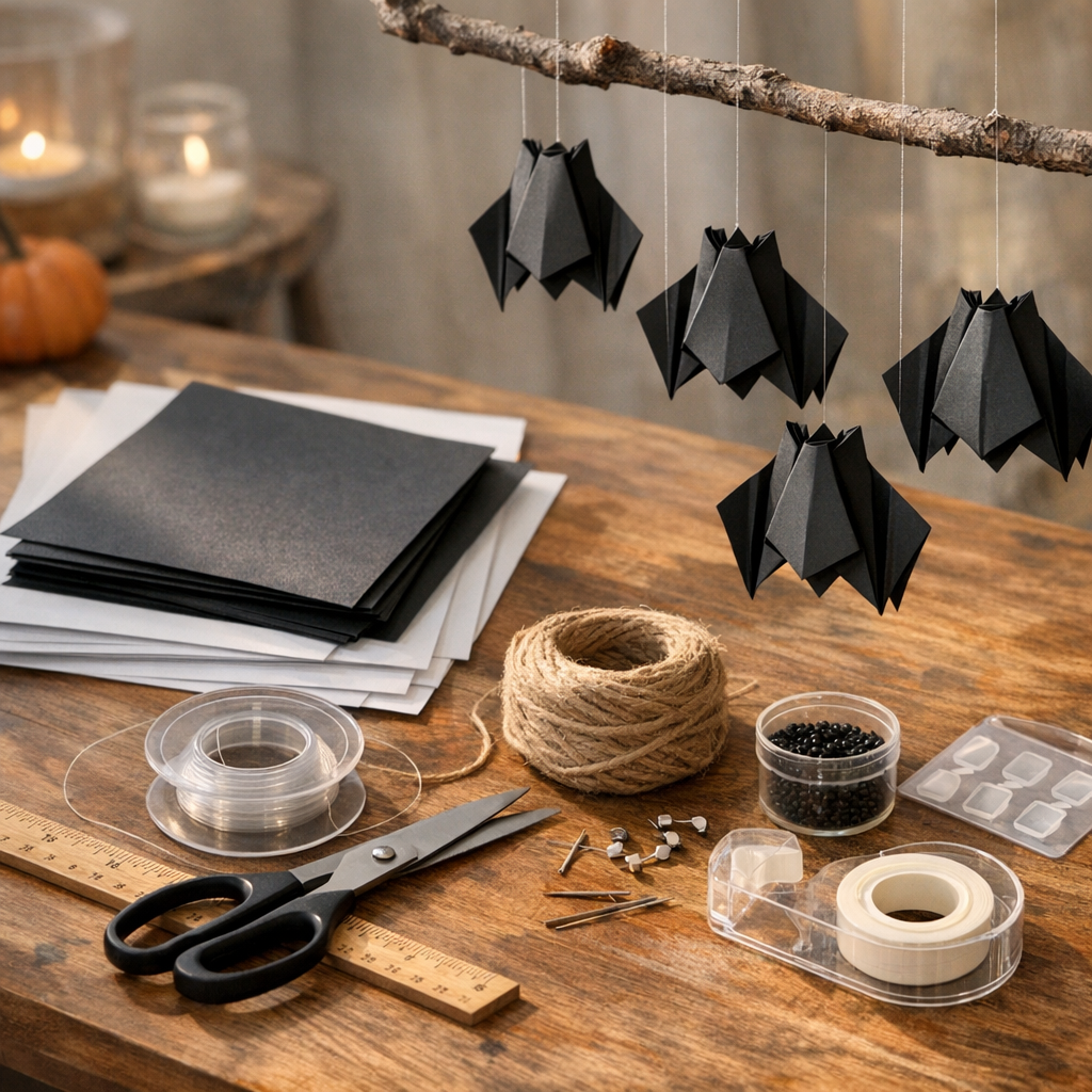 Quel papier et quels accessoires donnent un rendu propre si je veux suspendre plusieurs chauves-souris en décoration ?