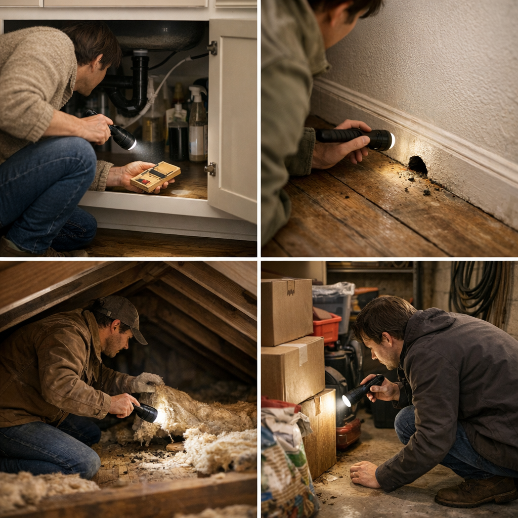 Protocole de diagnostic maison par zone : cuisine, cloison, combles, garage