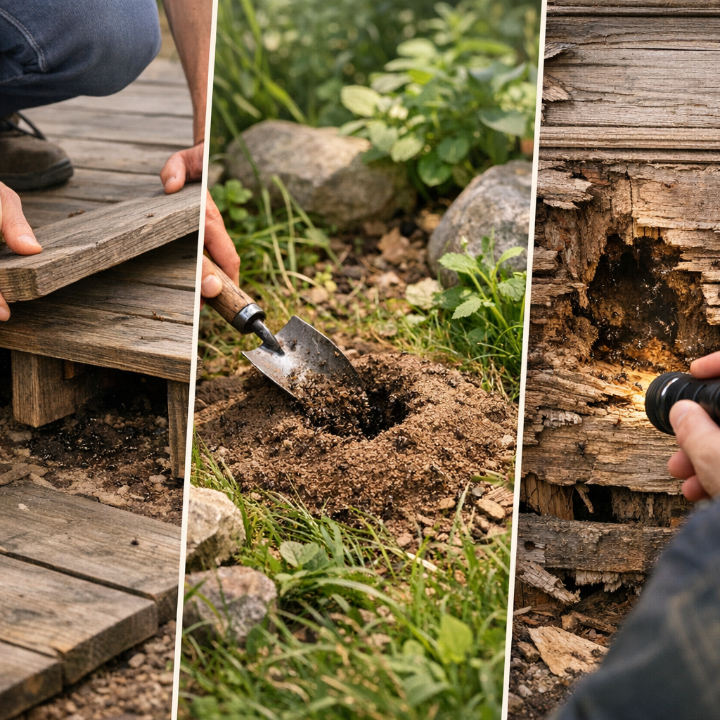 Comment savoir si le nid est sous la terrasse, dans le jardin, ou caché dans un mur ou du bois abîmé ?