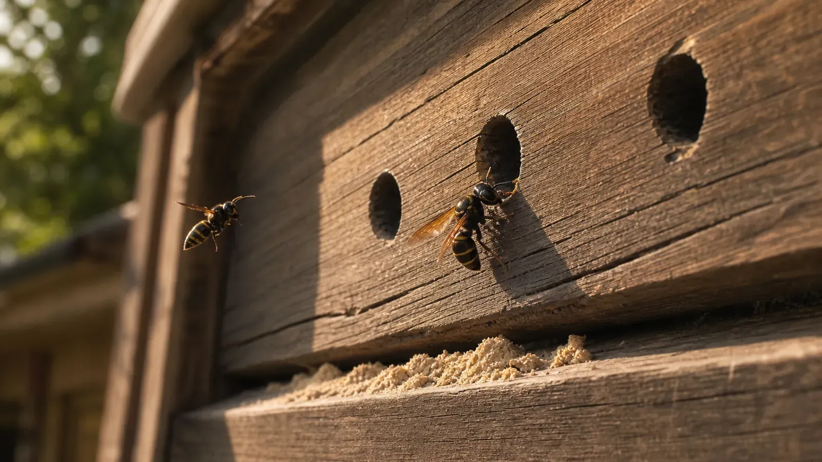 Nid de guêpe charpentière dans le bois : trous ronds et bons réflexes