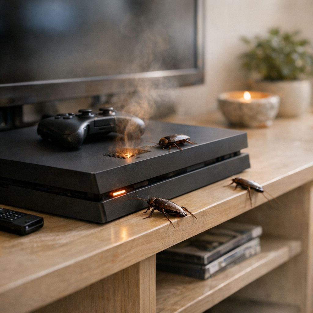 Est-ce qu’un appareil électronique chaud, comme une console laissée en veille, peut attirer des blattes même si la pièce