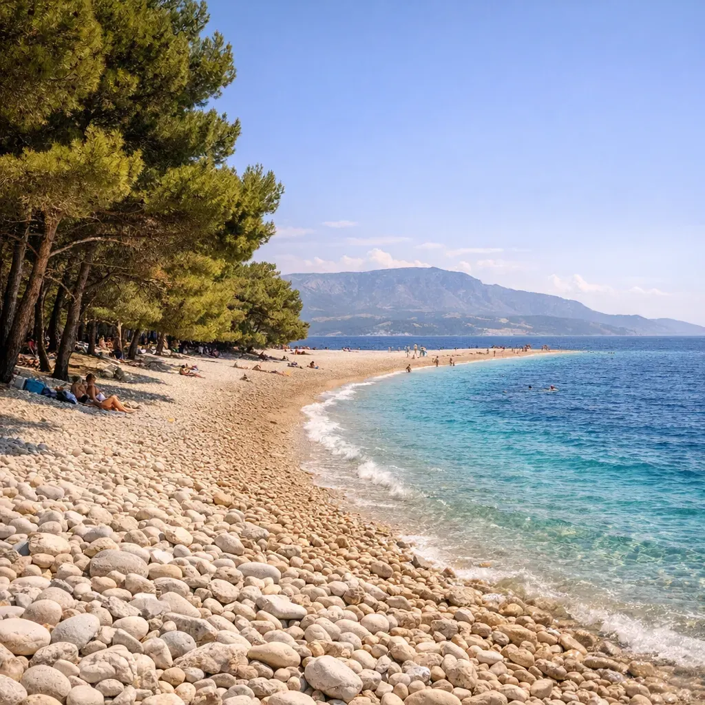Description de la plage de Zlatni Rat : galets blancs, pinède et phénomène naturel